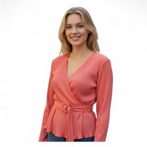 New FASHION TO FIGURE PLEATED PEPLUM WRAP BELT BLOUSE 1 PINK Juniors